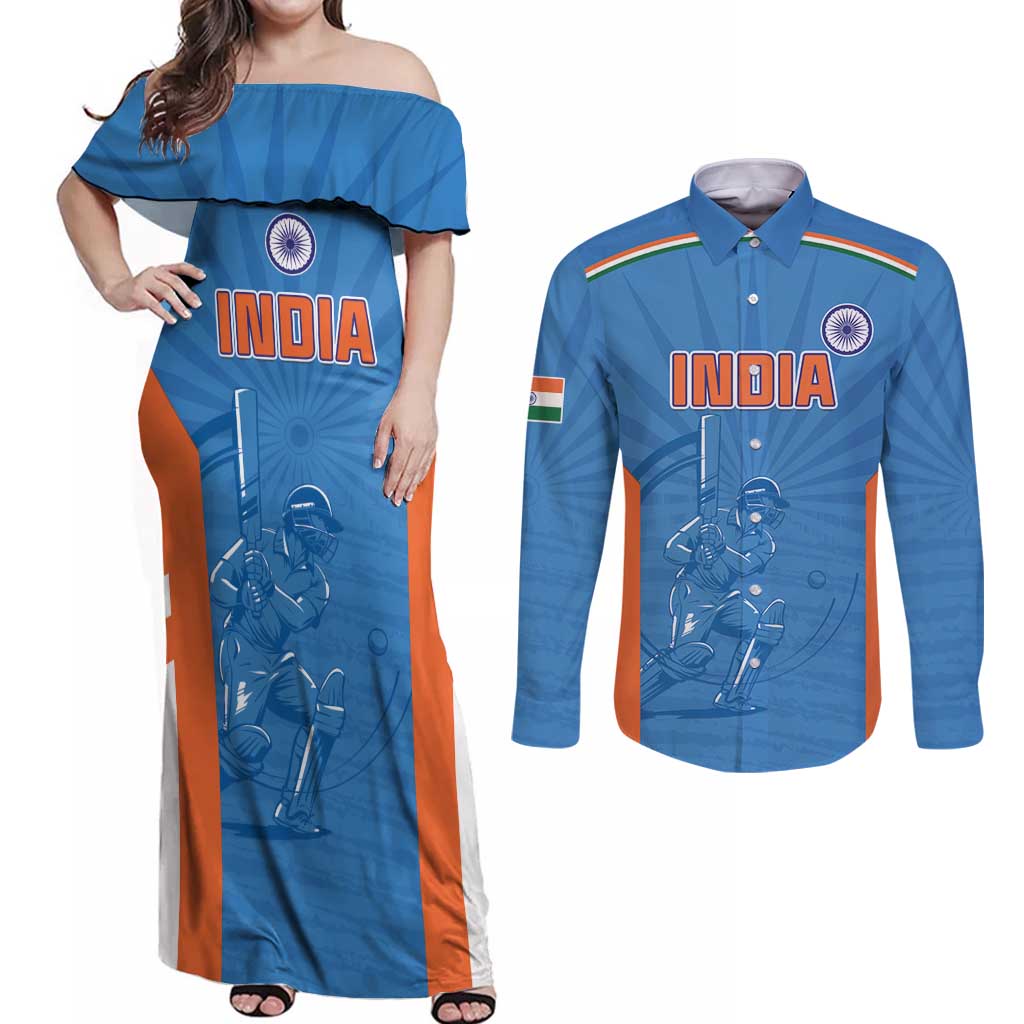 Custom India Cricket Couples Matching Off Shoulder Maxi Dress and Long Sleeve Button Shirt Go Champions - Wonder Print Shop