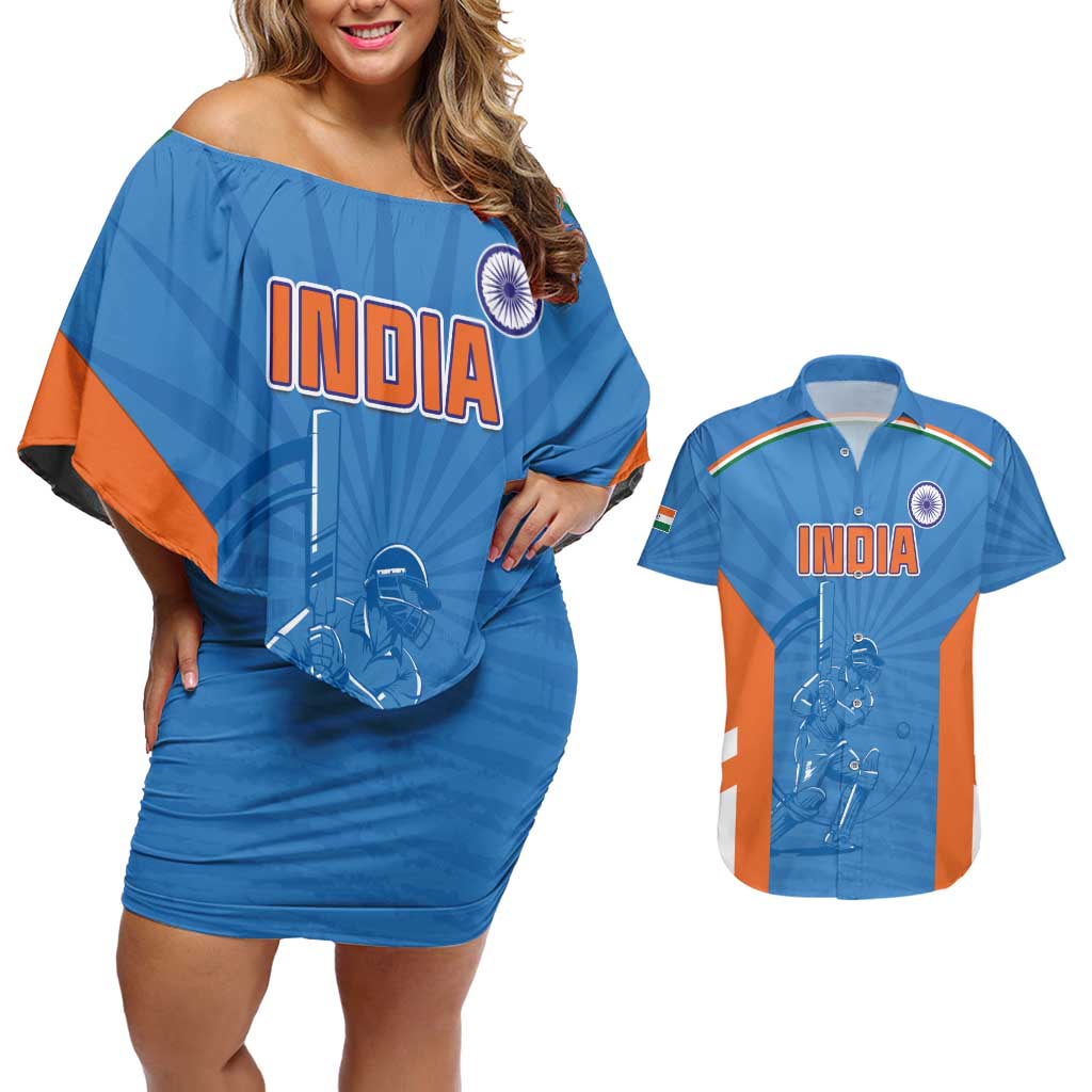 Custom India Cricket Couples Matching Off Shoulder Short Dress and Hawaiian Shirt Go Champions - Wonder Print Shop