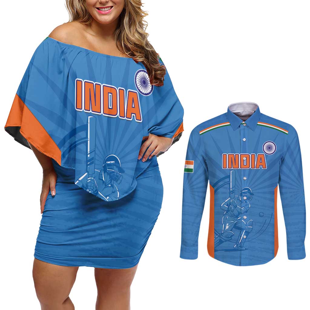 Custom India Cricket Couples Matching Off Shoulder Short Dress and Long Sleeve Button Shirt Go Champions - Wonder Print Shop