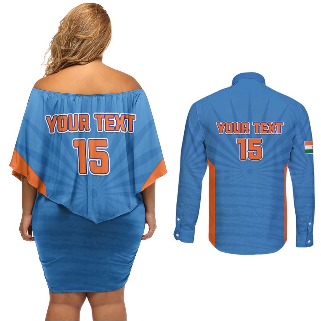 Custom India Cricket Couples Matching Off Shoulder Short Dress and Long Sleeve Button Shirt Go Champions - Wonder Print Shop