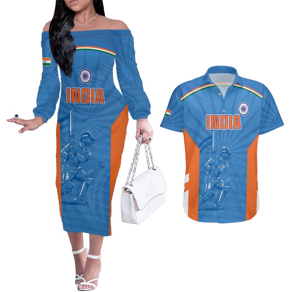 Custom India Cricket Couples Matching Off The Shoulder Long Sleeve Dress and Hawaiian Shirt Go Champions - Wonder Print Shop