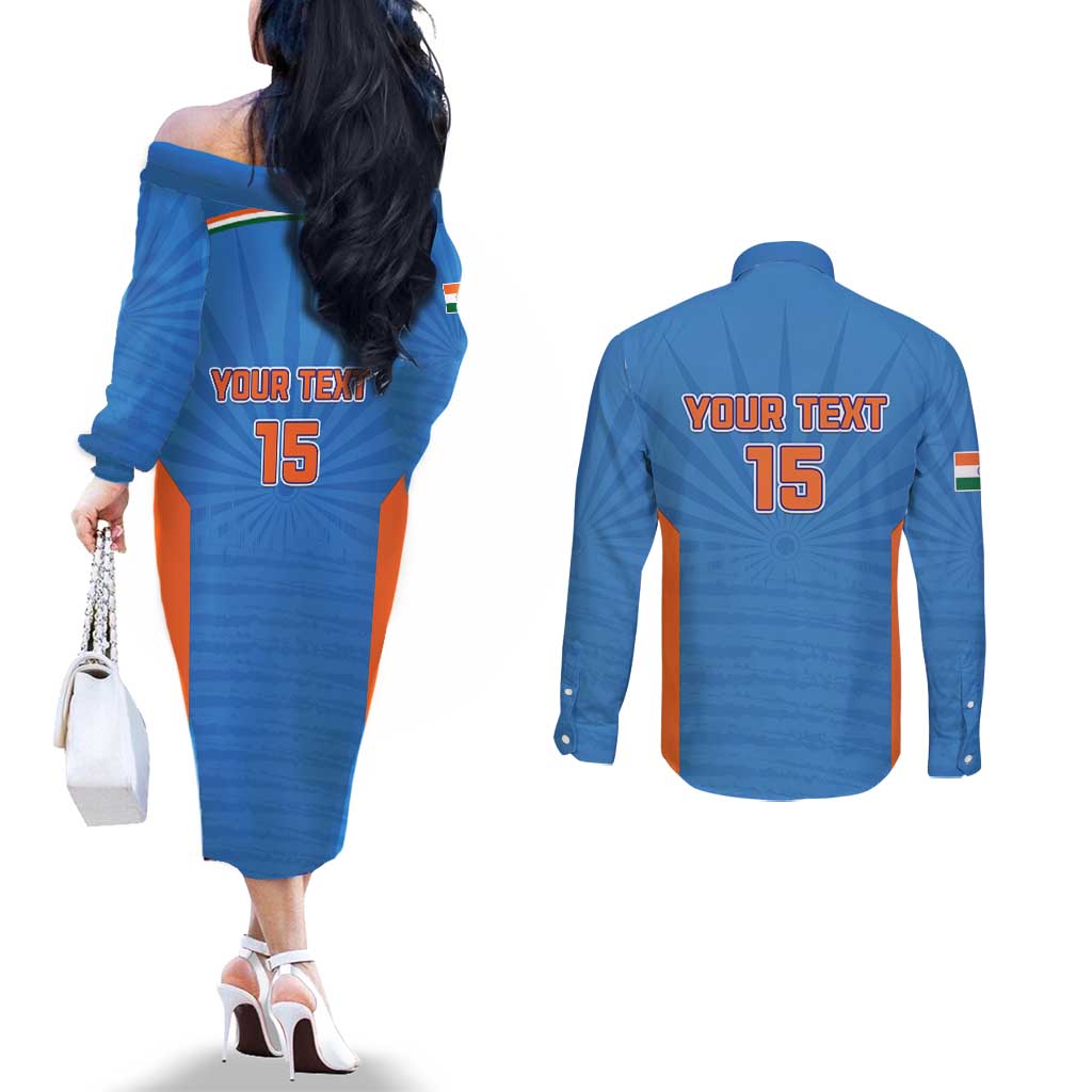 Custom India Cricket Couples Matching Off The Shoulder Long Sleeve Dress and Long Sleeve Button Shirt Go Champions - Wonder Print Shop