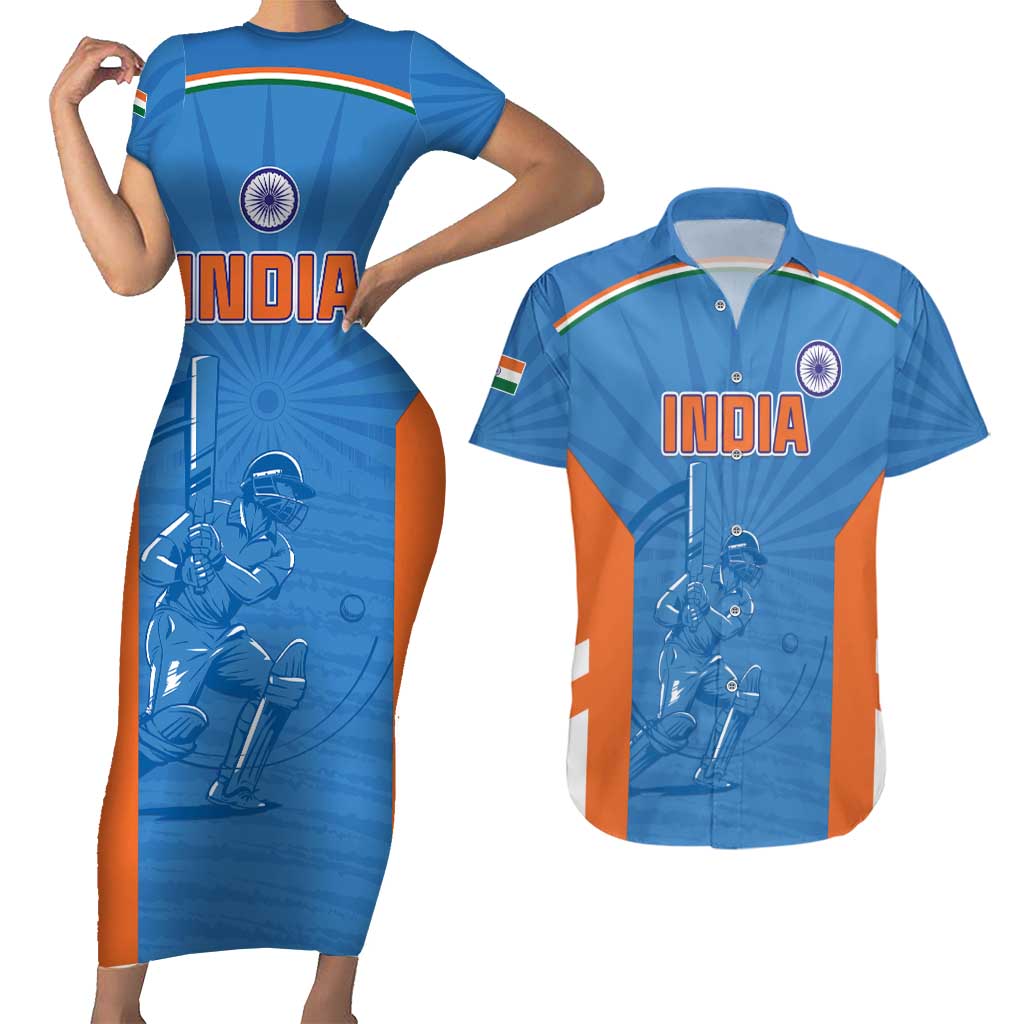 Custom India Cricket Couples Matching Short Sleeve Bodycon Dress and Hawaiian Shirt Go Champions - Wonder Print Shop