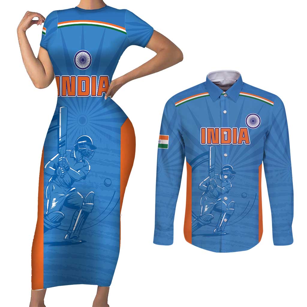 Custom India Cricket Couples Matching Short Sleeve Bodycon Dress and Long Sleeve Button Shirt Go Champions - Wonder Print Shop