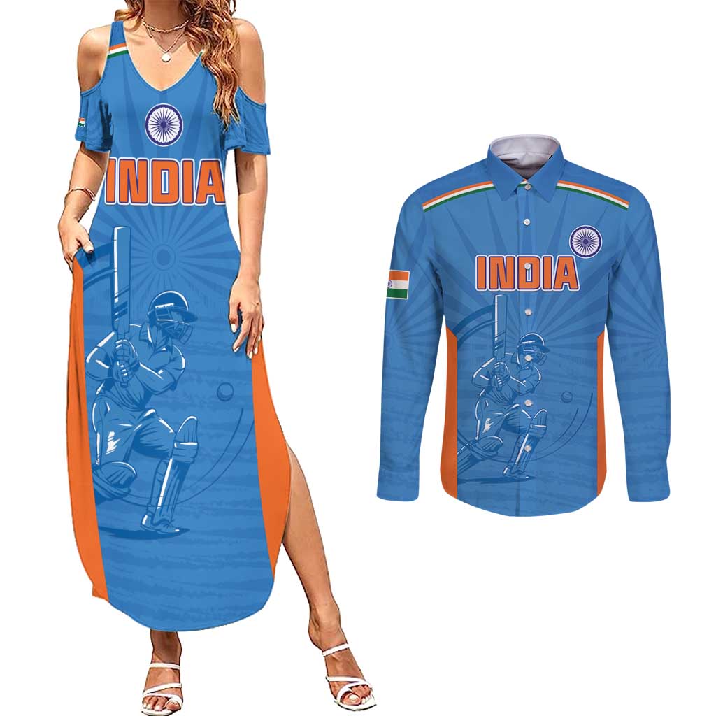 Custom India Cricket Couples Matching Summer Maxi Dress and Long Sleeve Button Shirt Go Champions - Wonder Print Shop