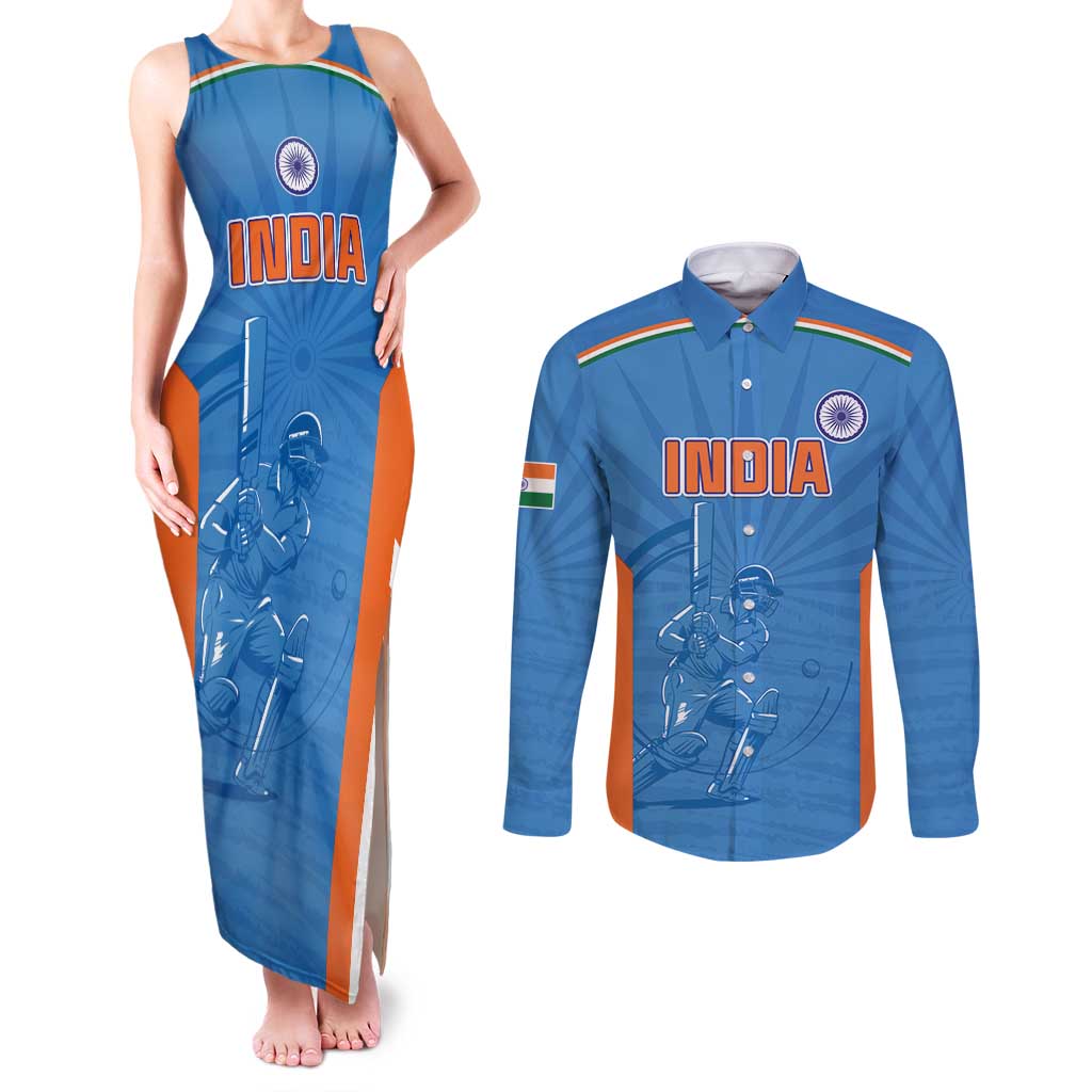 Custom India Cricket Couples Matching Tank Maxi Dress and Long Sleeve Button Shirt Go Champions - Wonder Print Shop
