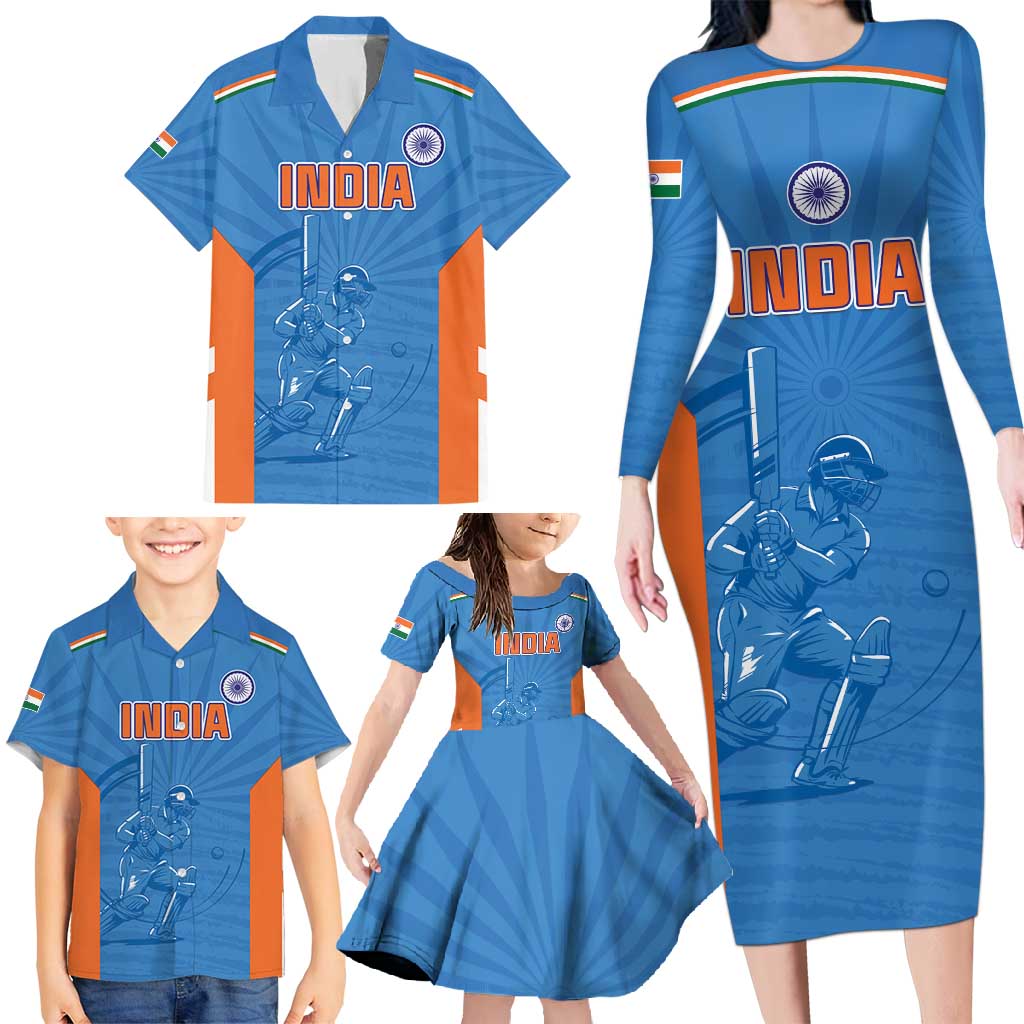 Custom India Cricket Family Matching Long Sleeve Bodycon Dress and Hawaiian Shirt Go Champions - Wonder Print Shop