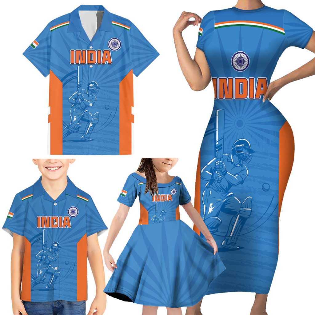 Custom India Cricket Family Matching Short Sleeve Bodycon Dress and Hawaiian Shirt Go Champions - Wonder Print Shop