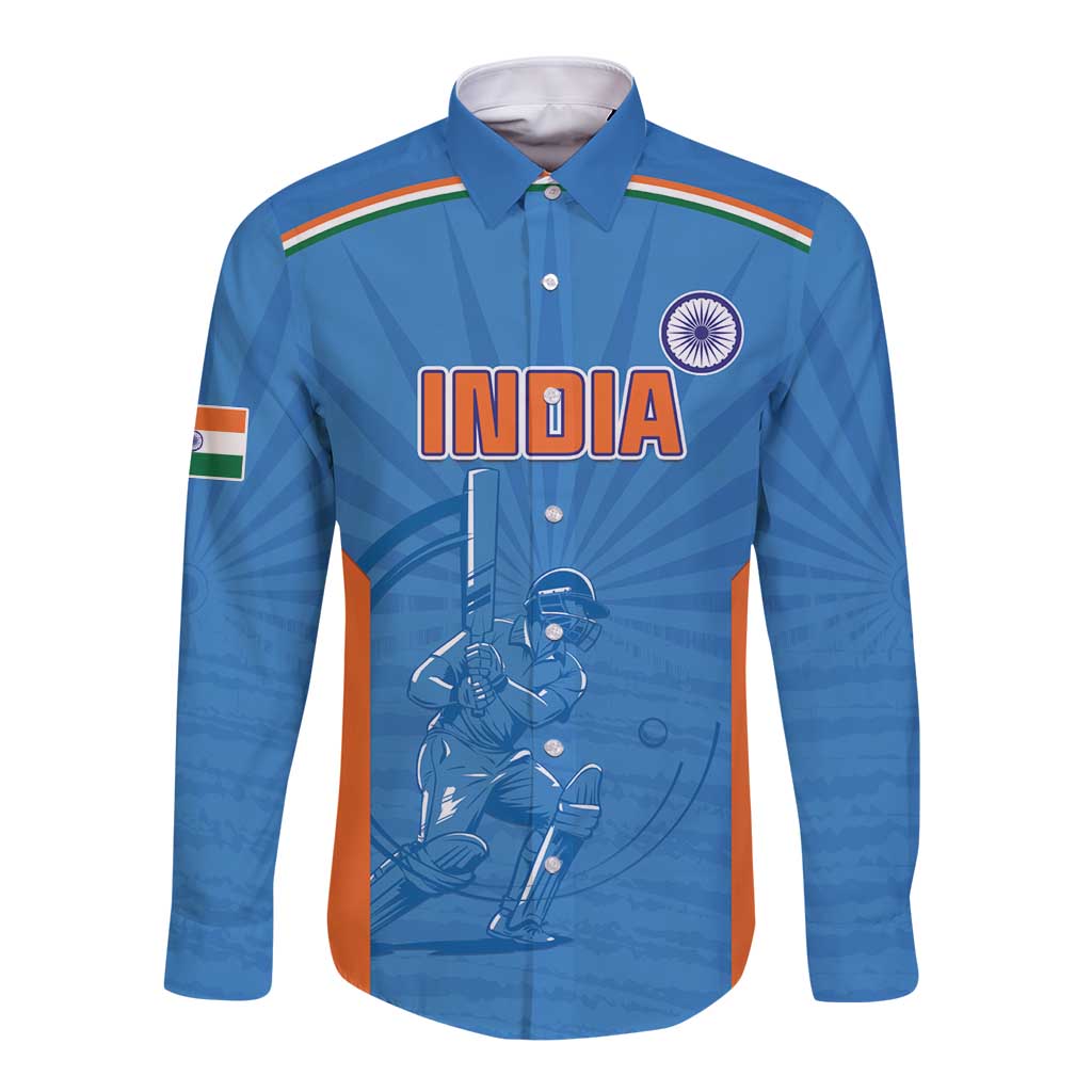 Custom India Cricket Long Sleeve Button Shirt Go Champions - Wonder Print Shop