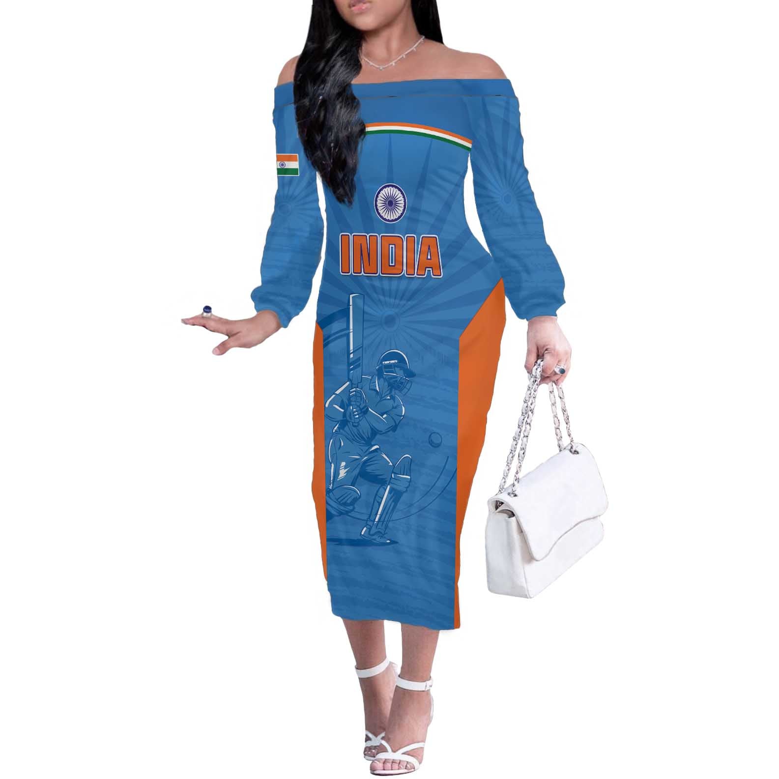 Custom India Cricket Off The Shoulder Long Sleeve Dress Go Champions - Wonder Print Shop
