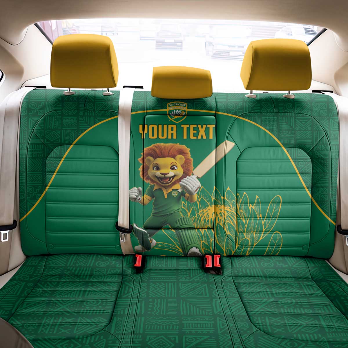Custom South Africa Cricket Back Car Seat Cover Lion Mascot With Protea - Wonder Print Shop