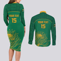 Custom South Africa Cricket Couples Matching Long Sleeve Bodycon Dress and Long Sleeve Button Shirt Lion Mascot With Protea - Wonder Print Shop