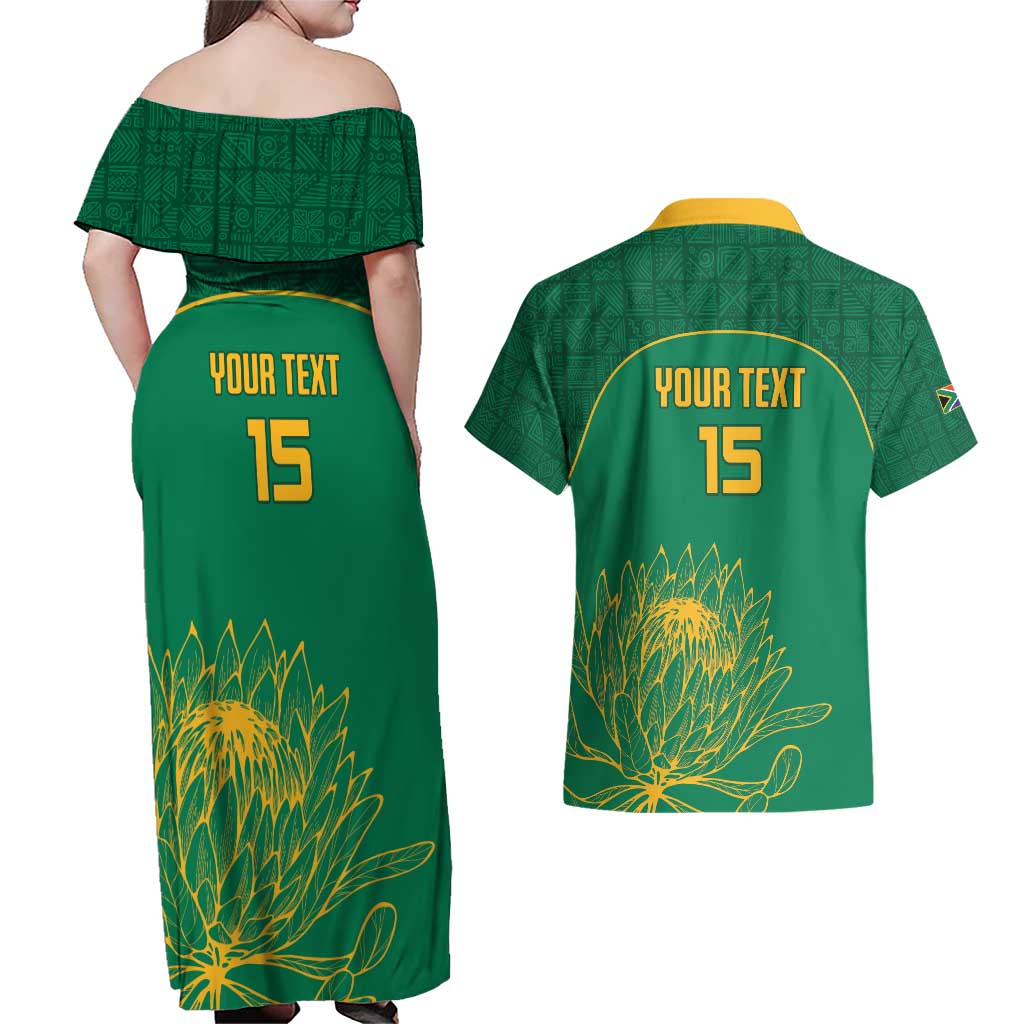 Custom South Africa Cricket Couples Matching Off Shoulder Maxi Dress and Hawaiian Shirt Lion Mascot With Protea - Wonder Print Shop