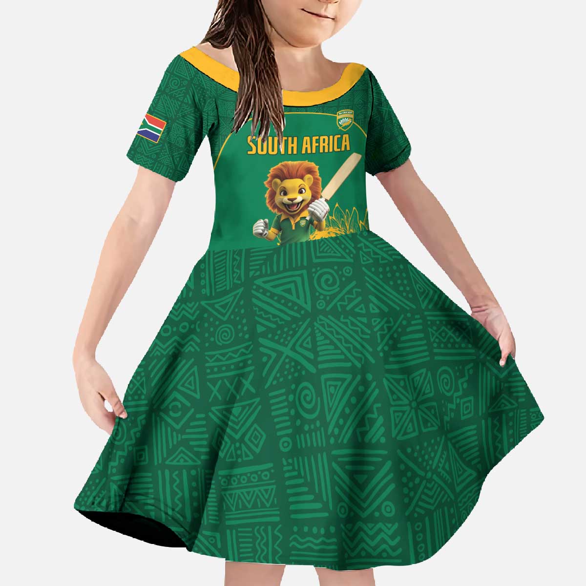 Custom South Africa Cricket Family Matching Off The Shoulder Long Sleeve Dress and Hawaiian Shirt Lion Mascot With Protea - Wonder Print Shop