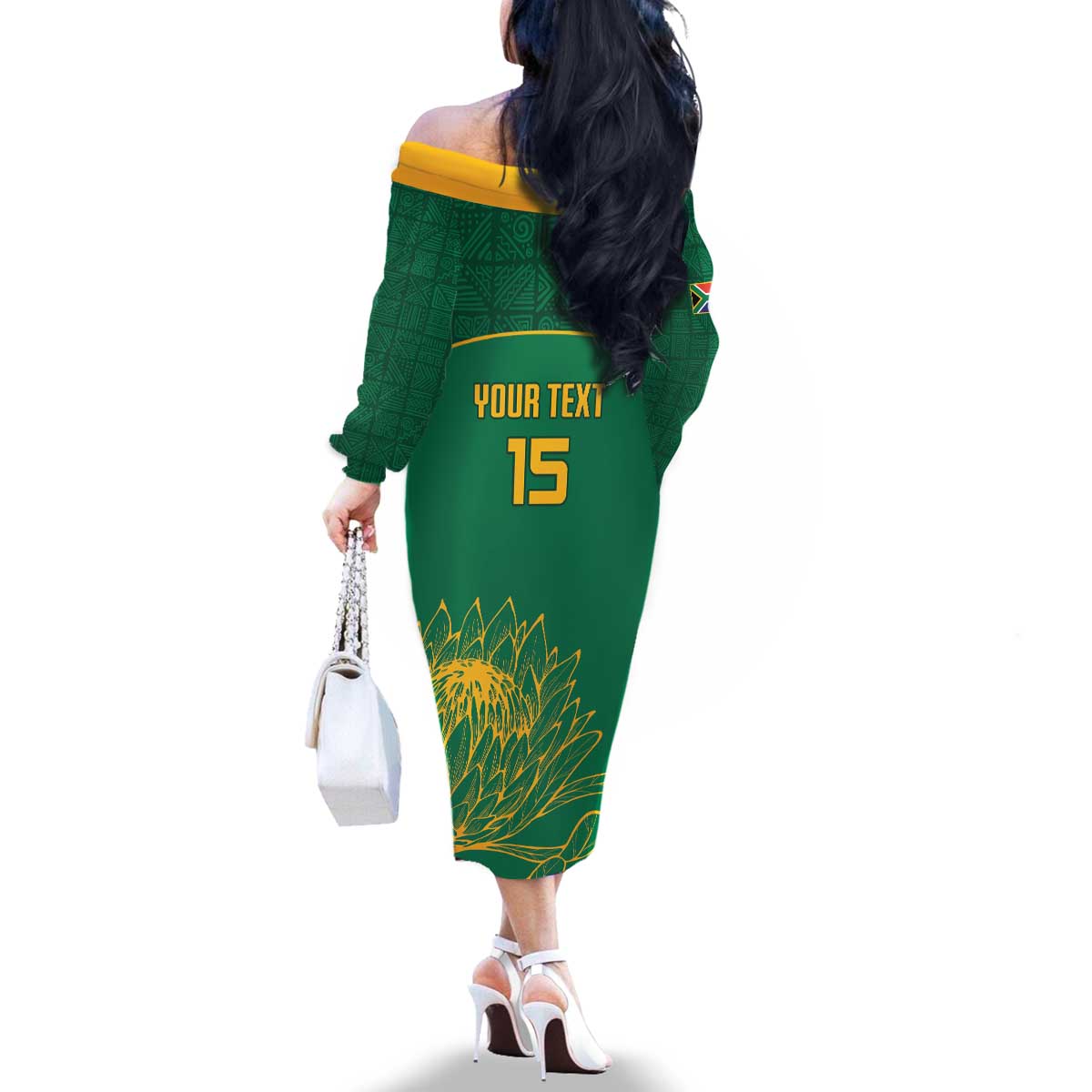 Custom South Africa Cricket Family Matching Off The Shoulder Long Sleeve Dress and Hawaiian Shirt Lion Mascot With Protea - Wonder Print Shop