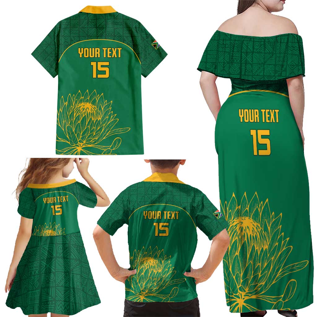 Custom South Africa Cricket Family Matching Off Shoulder Maxi Dress and Hawaiian Shirt Lion Mascot With Protea - Wonder Print Shop