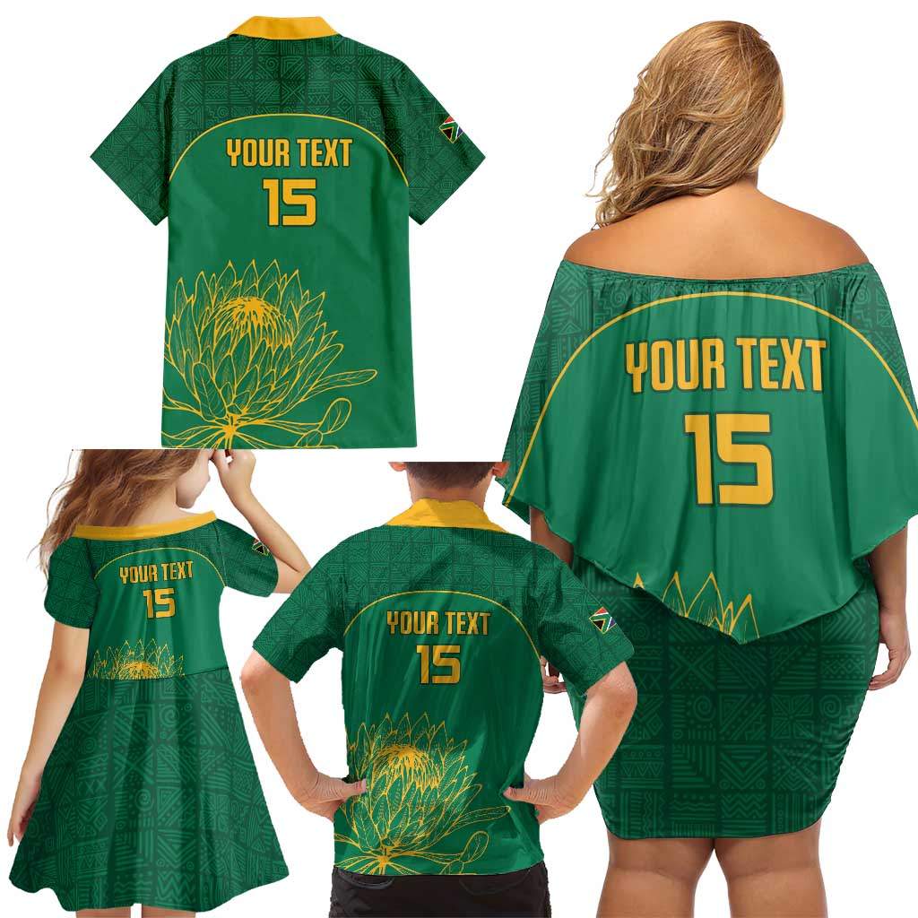 Custom South Africa Cricket Family Matching Off Shoulder Short Dress and Hawaiian Shirt Lion Mascot With Protea - Wonder Print Shop