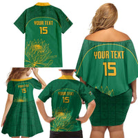 Custom South Africa Cricket Family Matching Off Shoulder Short Dress and Hawaiian Shirt Lion Mascot With Protea - Wonder Print Shop