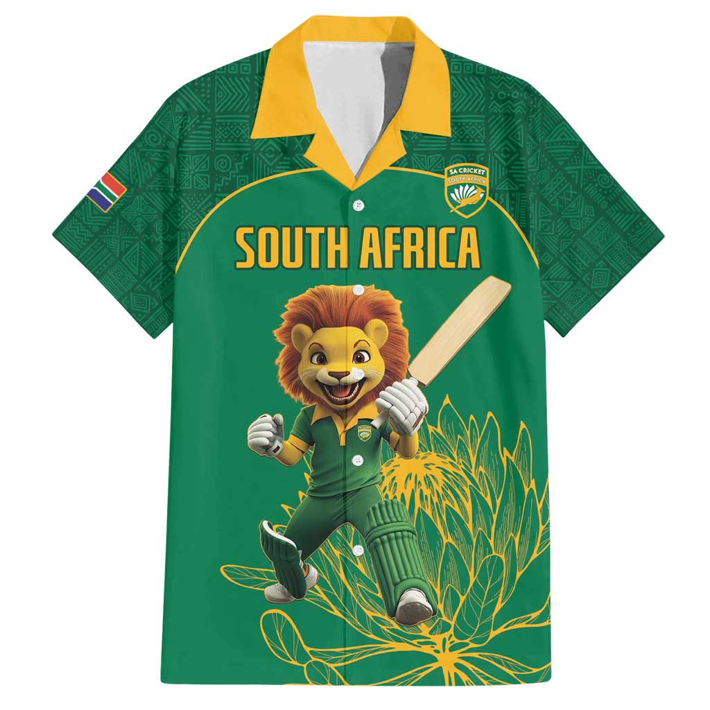 Custom South Africa Cricket Family Matching Off Shoulder Short Dress and Hawaiian Shirt Lion Mascot With Protea - Wonder Print Shop