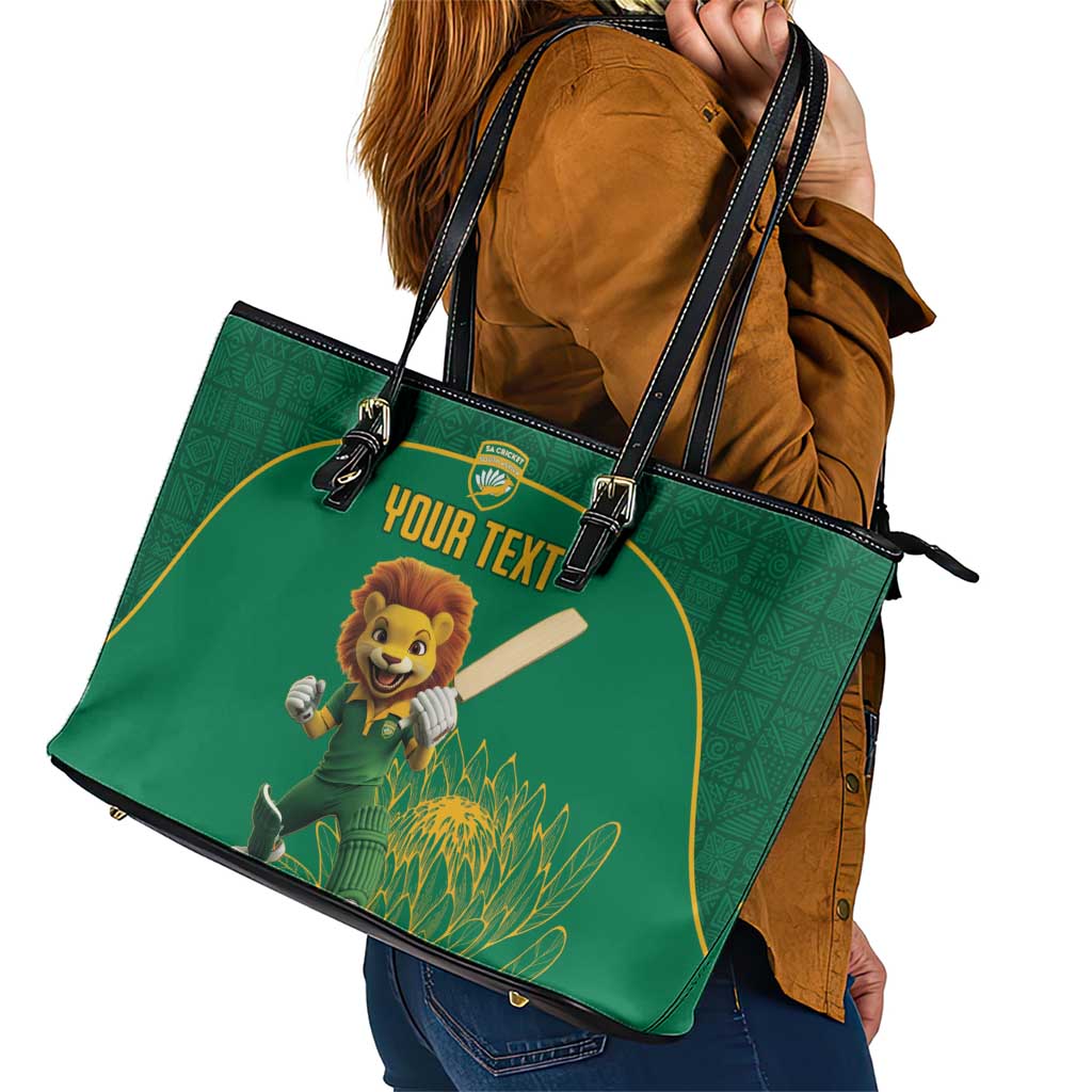 Custom South Africa Cricket Leather Tote Bag Lion Mascot With Protea - Wonder Print Shop