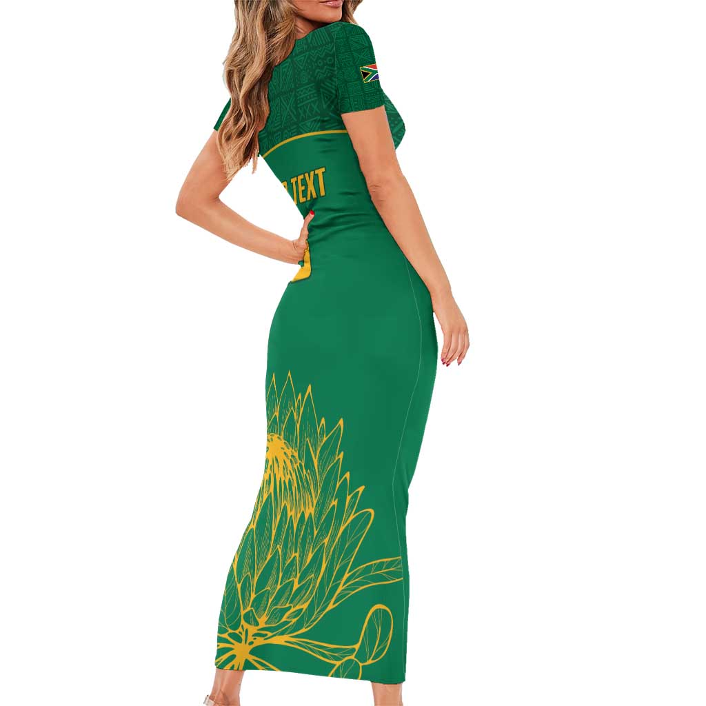 Custom South Africa Cricket Short Sleeve Bodycon Dress Lion Mascot With Protea - Wonder Print Shop