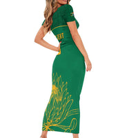 Custom South Africa Cricket Short Sleeve Bodycon Dress Lion Mascot With Protea - Wonder Print Shop