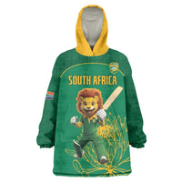 Custom South Africa Cricket Wearable Blanket Hoodie Lion Mascot With Protea - Wonder Print Shop