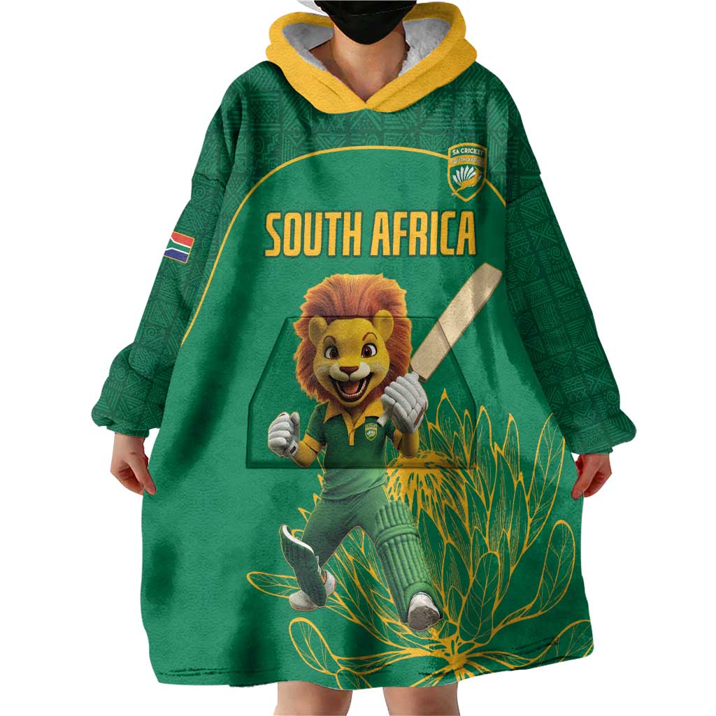 Custom South Africa Cricket Wearable Blanket Hoodie Lion Mascot With Protea - Wonder Print Shop