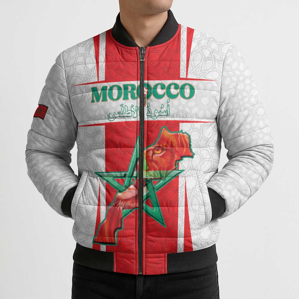 Custom Morocco Football Bomber Puffer Jacket Go Champions Atlas Lions - White - Wonder Print Shop