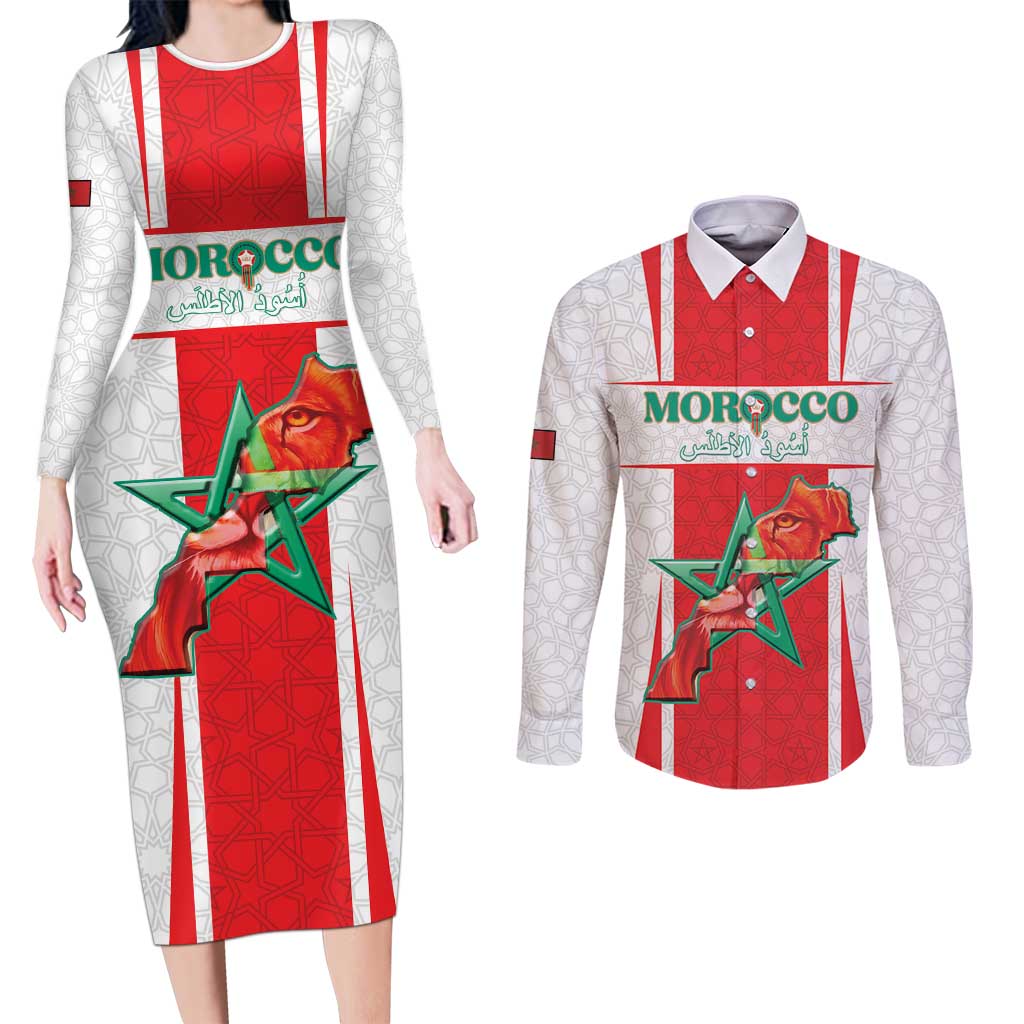 Custom Morocco Football Couples Matching Long Sleeve Bodycon Dress and Long Sleeve Button Shirt Go Champions Atlas Lions - White - Wonder Print Shop