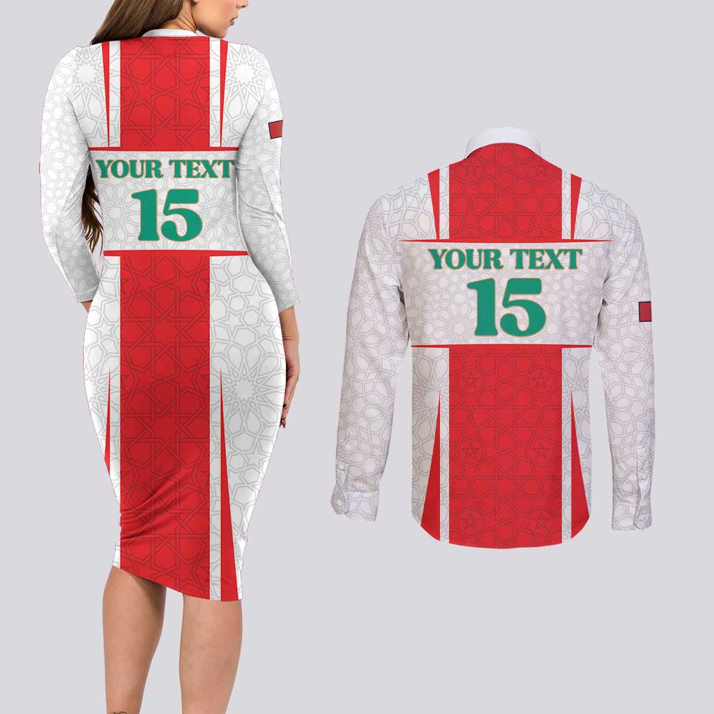 Custom Morocco Football Couples Matching Long Sleeve Bodycon Dress and Long Sleeve Button Shirt Go Champions Atlas Lions - White - Wonder Print Shop