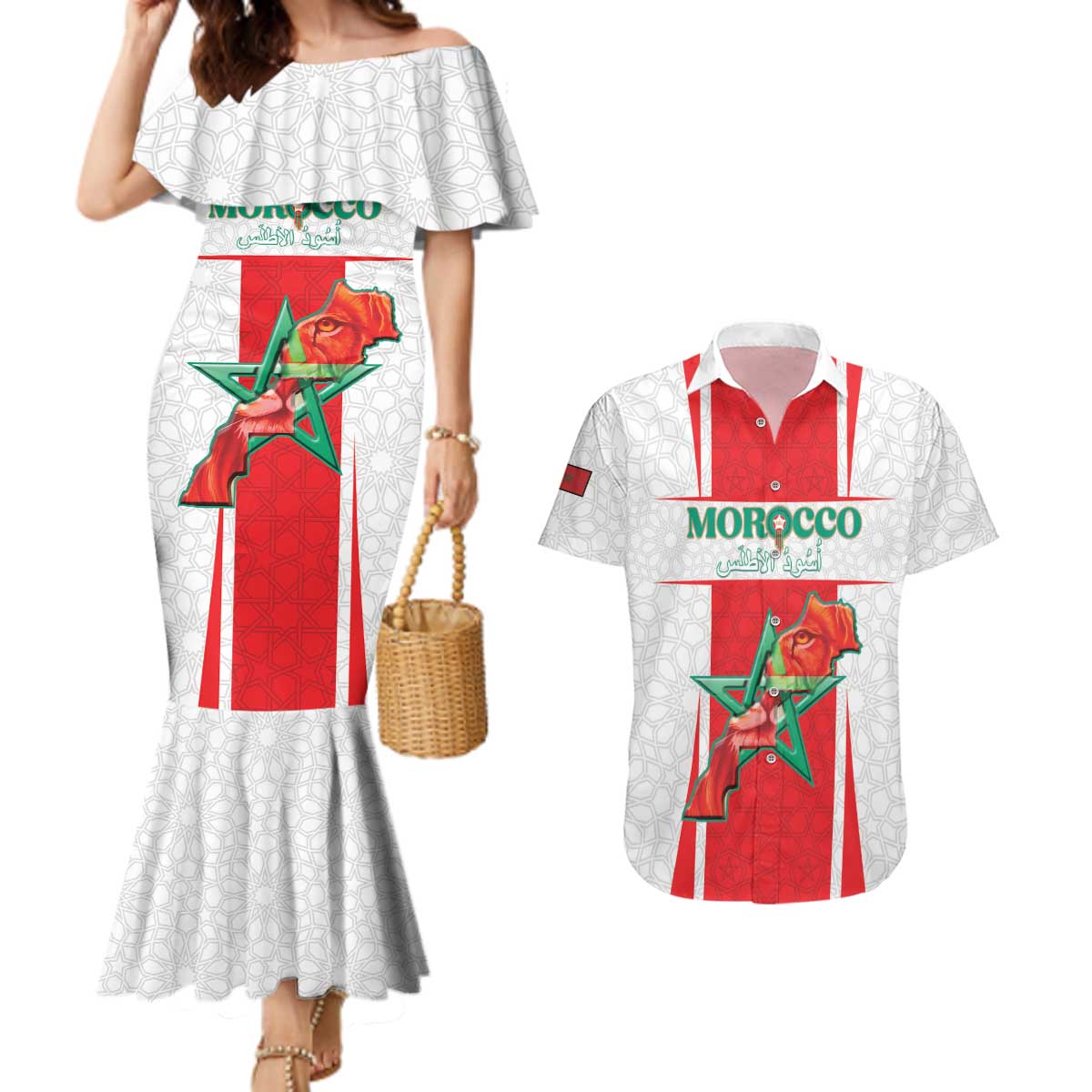 Custom Morocco Football Couples Matching Mermaid Dress and Hawaiian Shirt Go Champions Atlas Lions - White - Wonder Print Shop