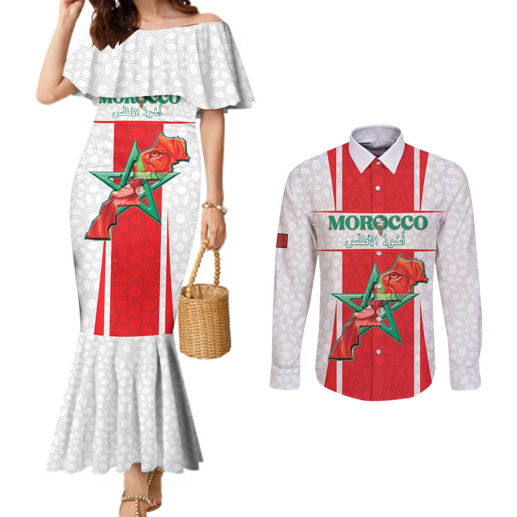 Custom Morocco Football Couples Matching Mermaid Dress and Long Sleeve Button Shirt Go Champions Atlas Lions - White - Wonder Print Shop