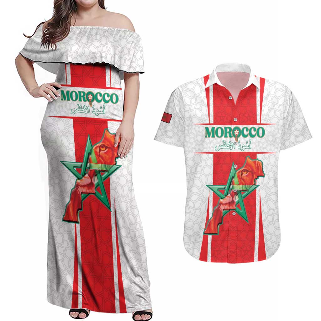 Custom Morocco Football Couples Matching Off Shoulder Maxi Dress and Hawaiian Shirt Go Champions Atlas Lions - White - Wonder Print Shop