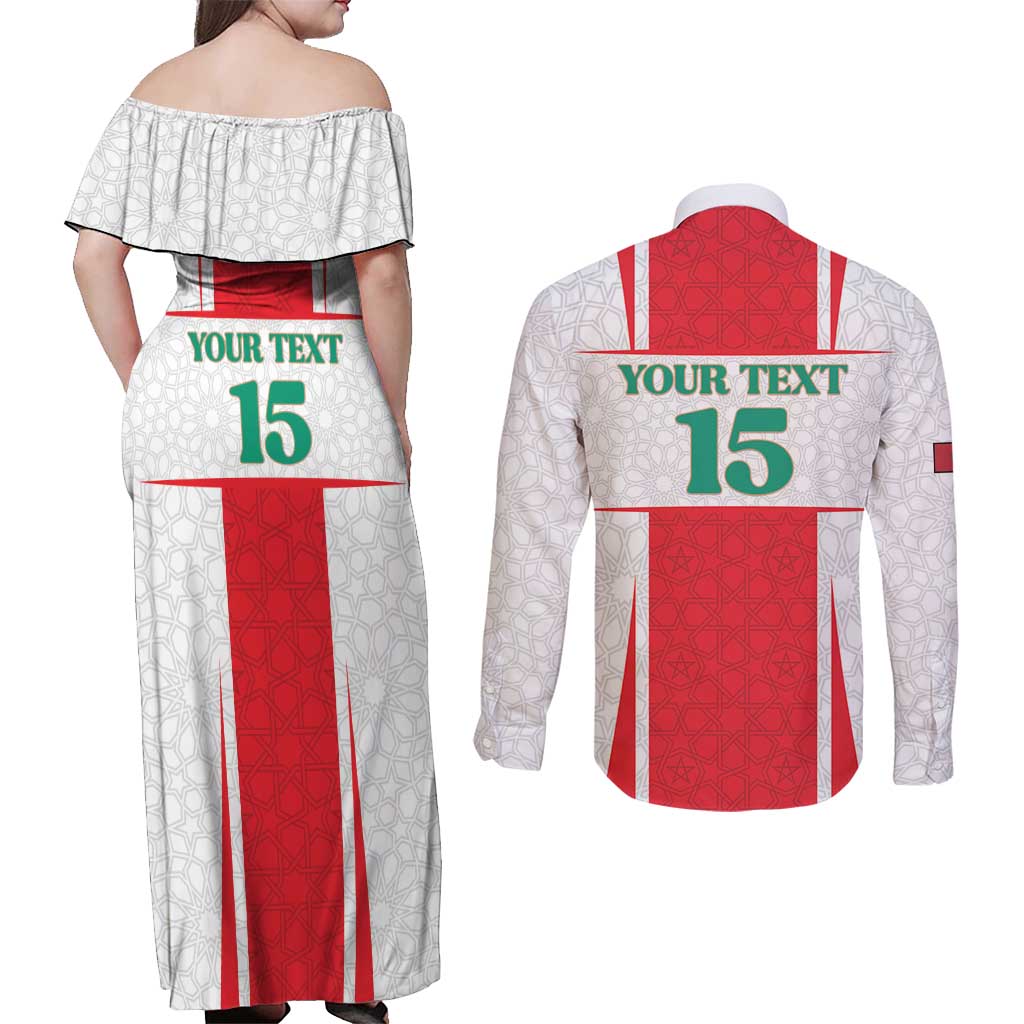 Custom Morocco Football Couples Matching Off Shoulder Maxi Dress and Long Sleeve Button Shirt Go Champions Atlas Lions - White - Wonder Print Shop
