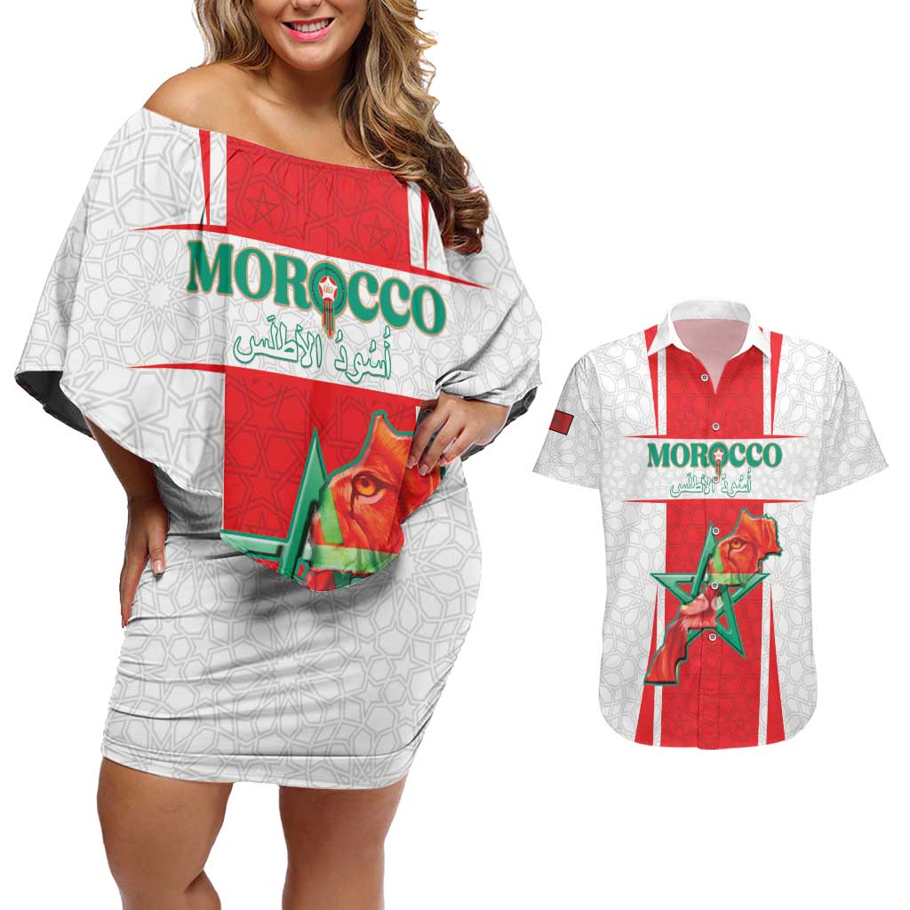 Custom Morocco Football Couples Matching Off Shoulder Short Dress and Hawaiian Shirt Go Champions Atlas Lions - White - Wonder Print Shop