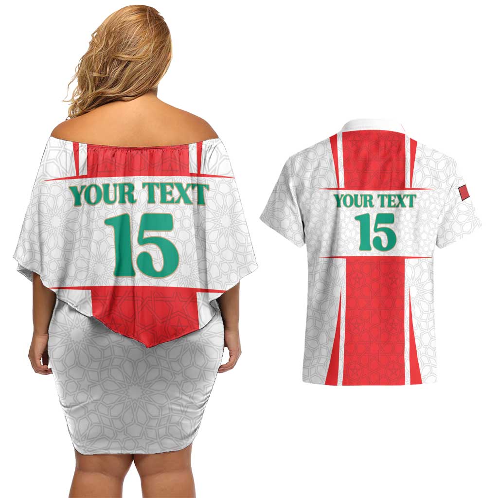 Custom Morocco Football Couples Matching Off Shoulder Short Dress and Hawaiian Shirt Go Champions Atlas Lions - White - Wonder Print Shop