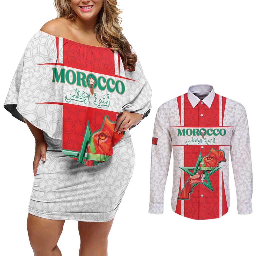 Custom Morocco Football Couples Matching Off Shoulder Short Dress and Long Sleeve Button Shirt Go Champions Atlas Lions - White - Wonder Print Shop