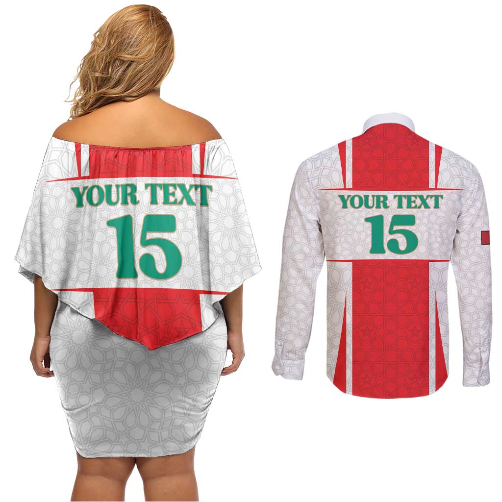 Custom Morocco Football Couples Matching Off Shoulder Short Dress and Long Sleeve Button Shirt Go Champions Atlas Lions - White - Wonder Print Shop