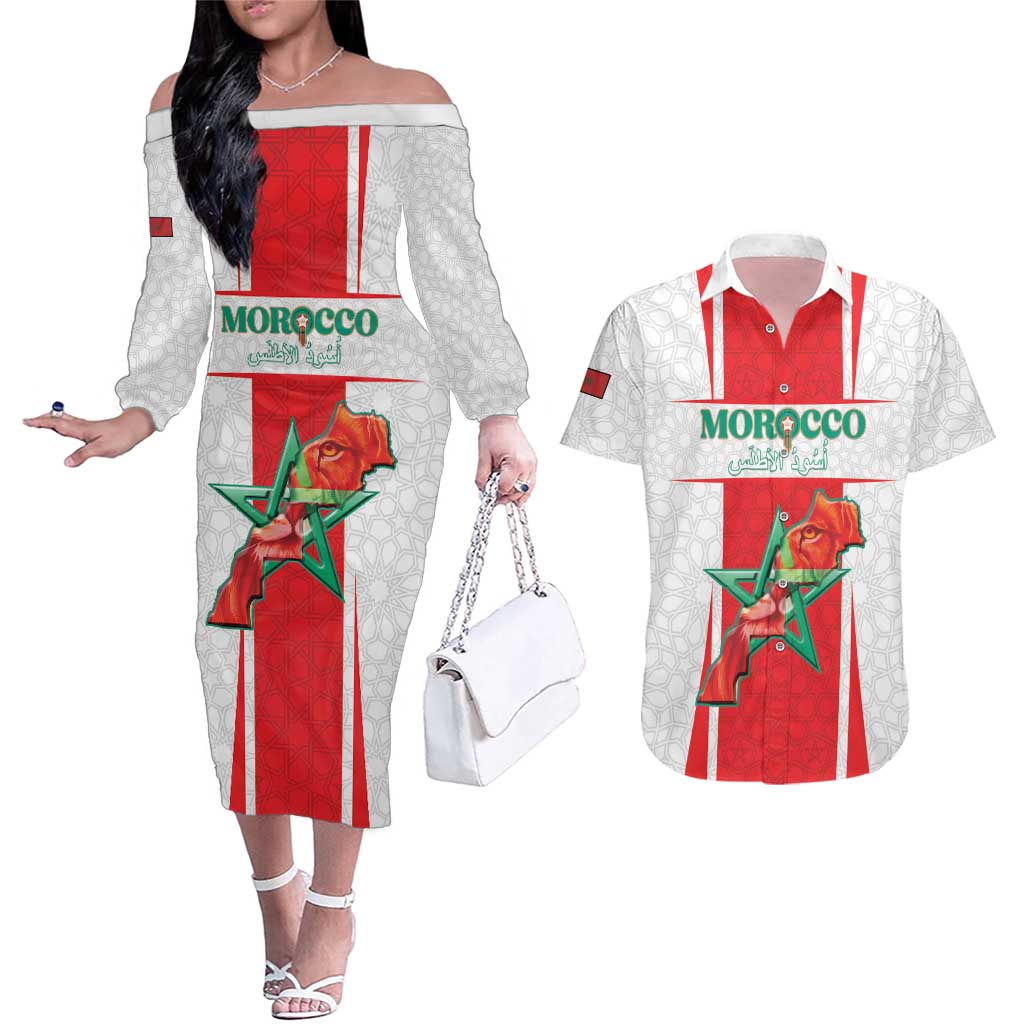Custom Morocco Football Couples Matching Off The Shoulder Long Sleeve Dress and Hawaiian Shirt Go Champions Atlas Lions - White - Wonder Print Shop