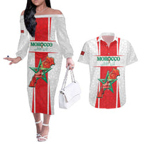 Custom Morocco Football Couples Matching Off The Shoulder Long Sleeve Dress and Hawaiian Shirt Go Champions Atlas Lions - White - Wonder Print Shop