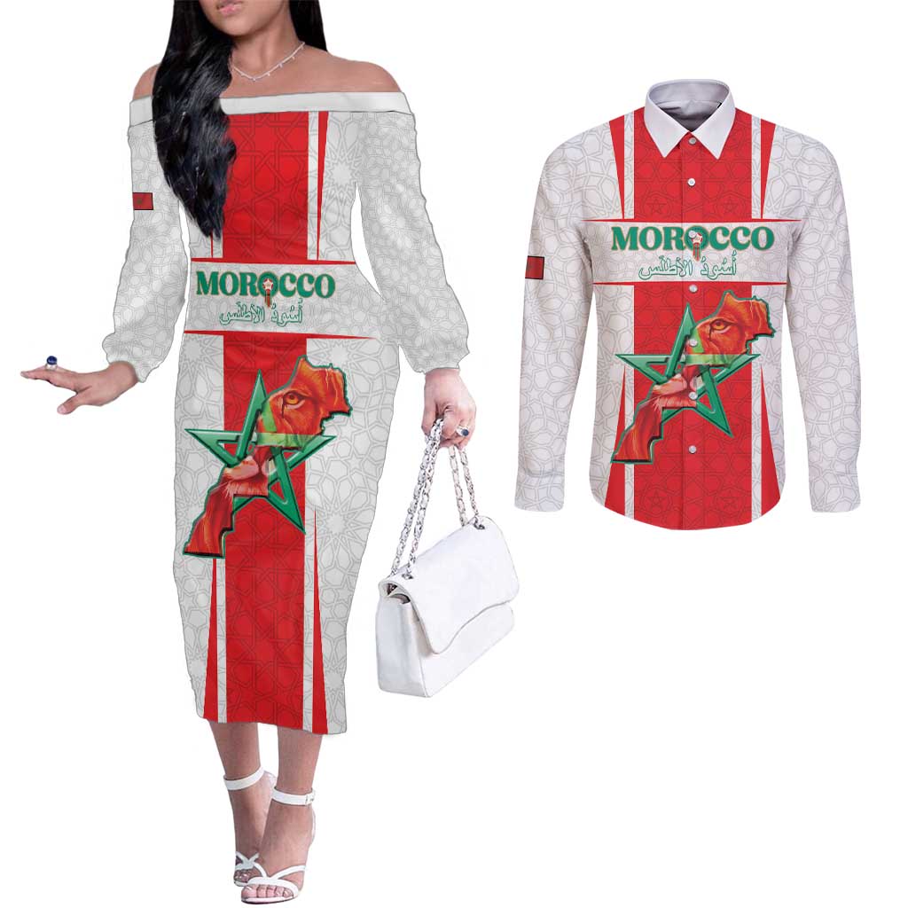 Custom Morocco Football Couples Matching Off The Shoulder Long Sleeve Dress and Long Sleeve Button Shirt Go Champions Atlas Lions - White - Wonder Print Shop