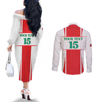 Custom Morocco Football Couples Matching Off The Shoulder Long Sleeve Dress and Long Sleeve Button Shirt Go Champions Atlas Lions - White - Wonder Print Shop
