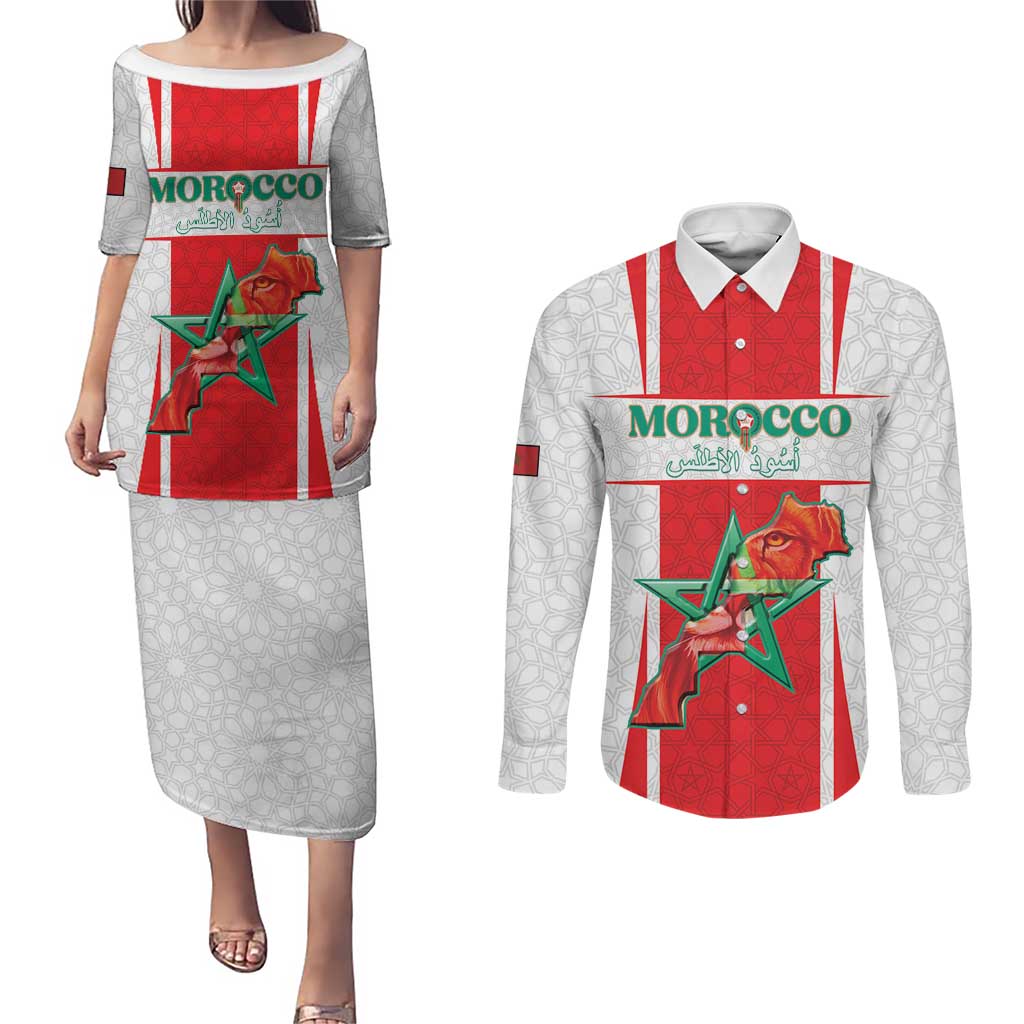 Custom Morocco Football Couples Matching Puletasi and Long Sleeve Button Shirt Go Champions Atlas Lions - White - Wonder Print Shop