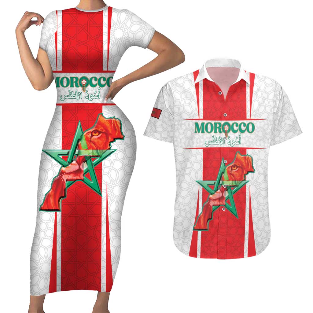 Custom Morocco Football Couples Matching Short Sleeve Bodycon Dress and Hawaiian Shirt Go Champions Atlas Lions - White - Wonder Print Shop