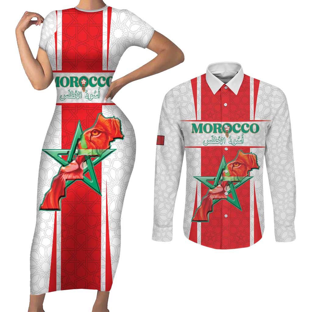 Custom Morocco Football Couples Matching Short Sleeve Bodycon Dress and Long Sleeve Button Shirt Go Champions Atlas Lions - White - Wonder Print Shop
