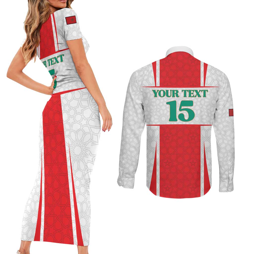 Custom Morocco Football Couples Matching Short Sleeve Bodycon Dress and Long Sleeve Button Shirt Go Champions Atlas Lions - White - Wonder Print Shop
