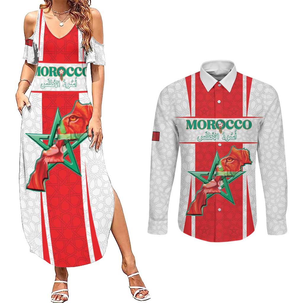 Custom Morocco Football Couples Matching Summer Maxi Dress and Long Sleeve Button Shirt Go Champions Atlas Lions - White - Wonder Print Shop