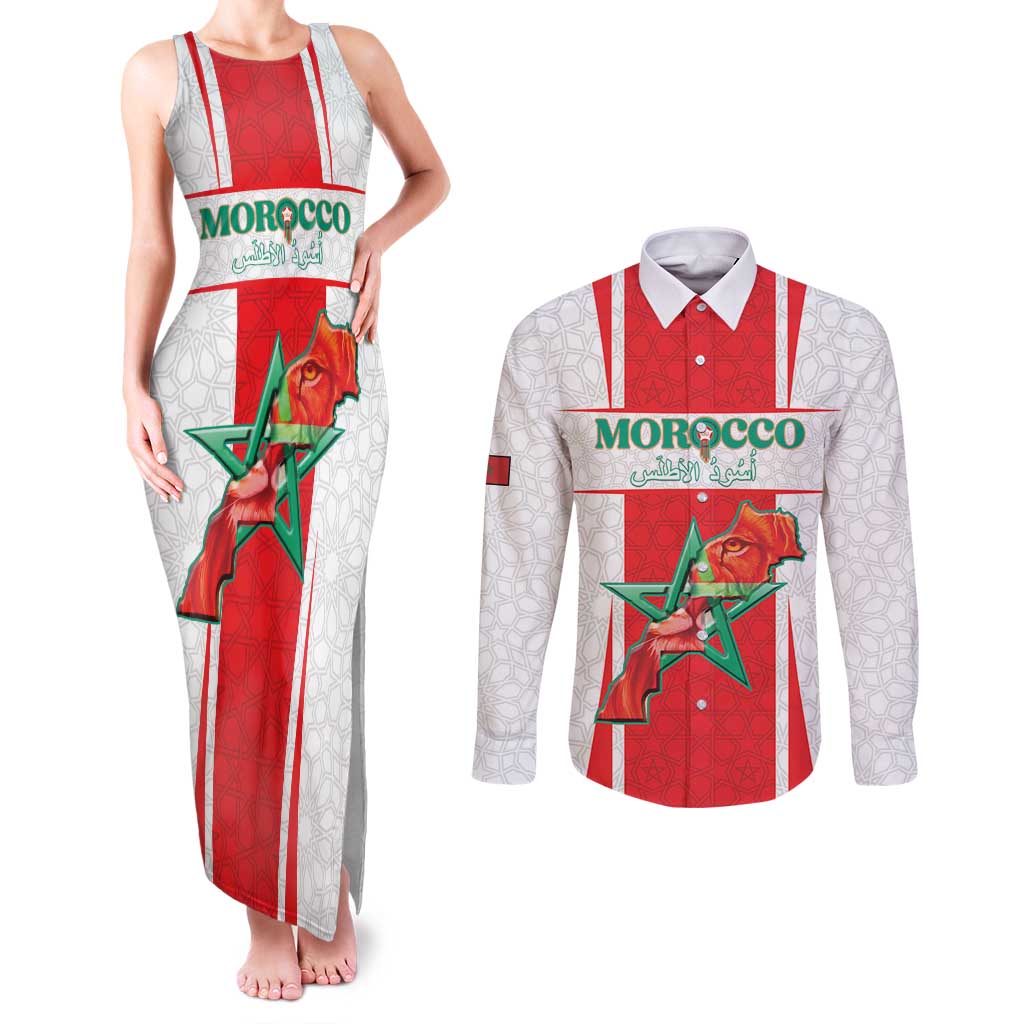 Custom Morocco Football Couples Matching Tank Maxi Dress and Long Sleeve Button Shirt Go Champions Atlas Lions - White - Wonder Print Shop