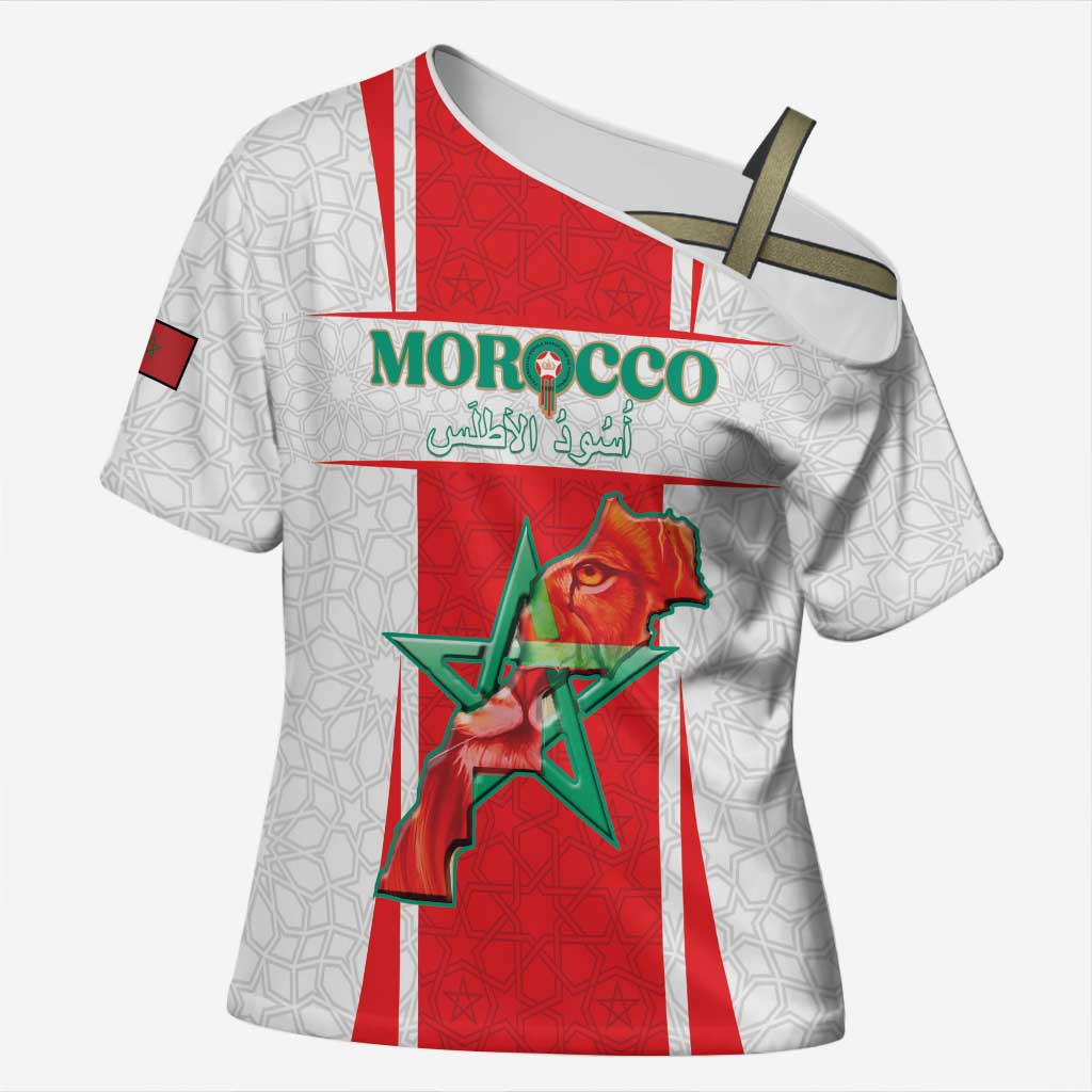 Custom Morocco Football Cross Shoulder Shirt Go Champions Atlas Lions - White - Wonder Print Shop